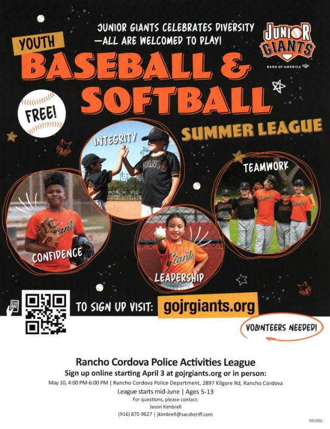 Junior Giants Poster. Registration begins April 3. Takes place at RCPD. Mor e information scroll down.