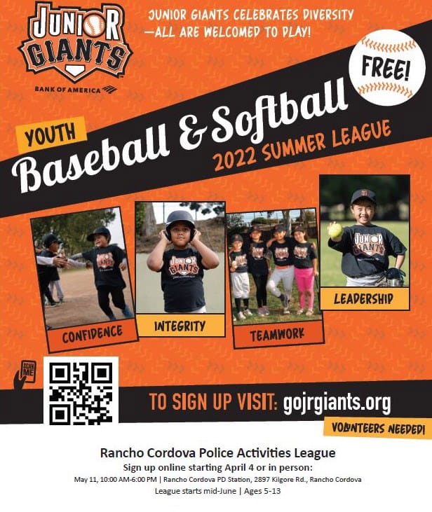 Junior Giants Poster. Registration begins April 4. Takes place at RCPD. Mor einformation scroll up.